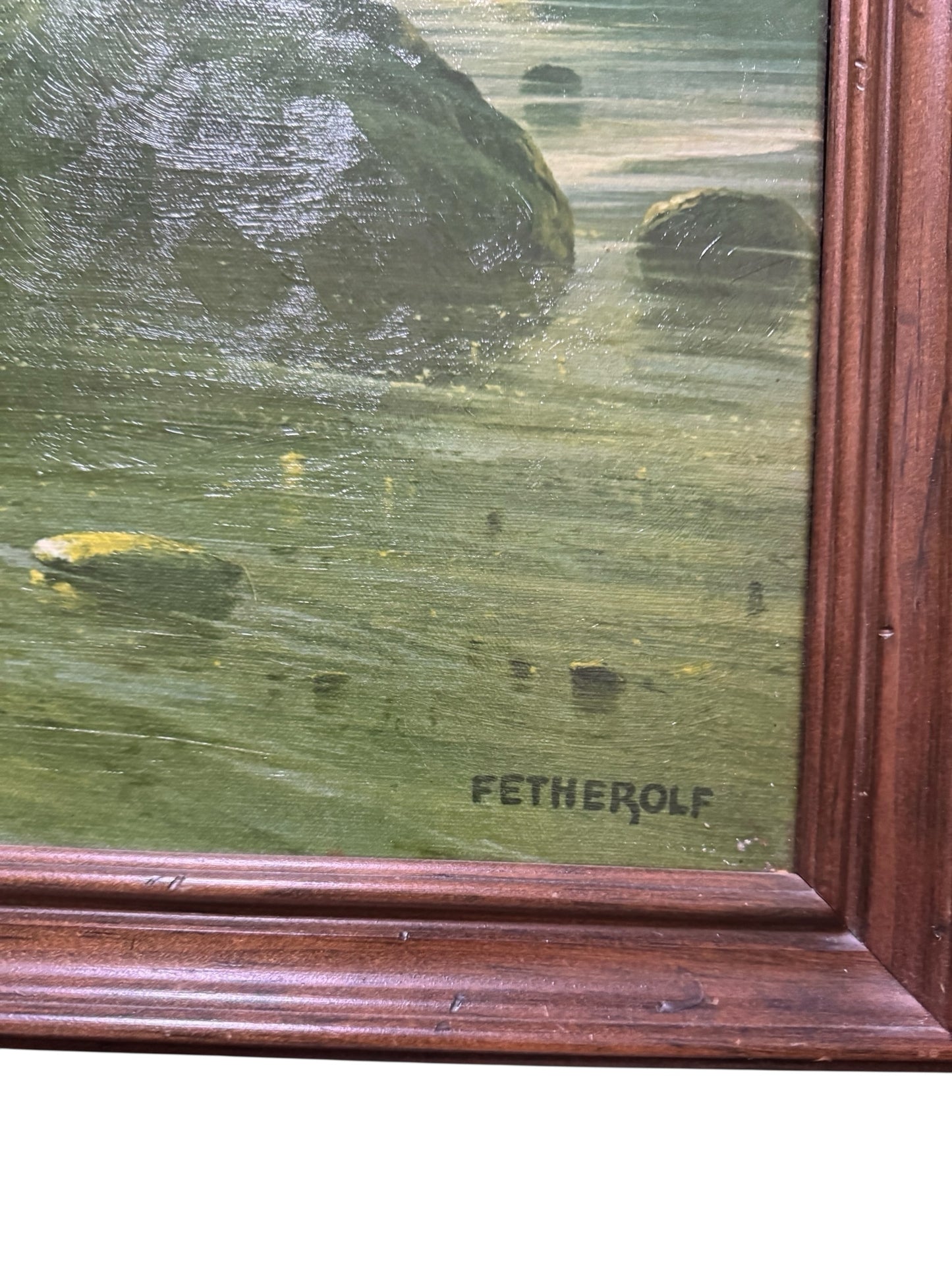 Vintage Sunset Splendor Coastal Seascape Print by Fetherolf in Wood Frame