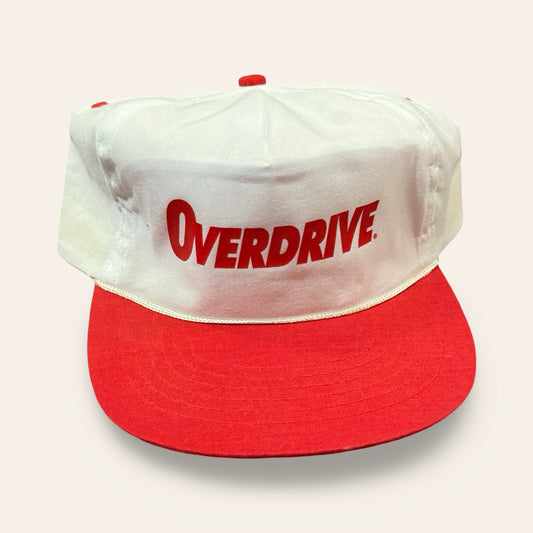 Vintage Rope Snapback Hat — Bold "Overdrive" Graphic, Red & White Trucker Style