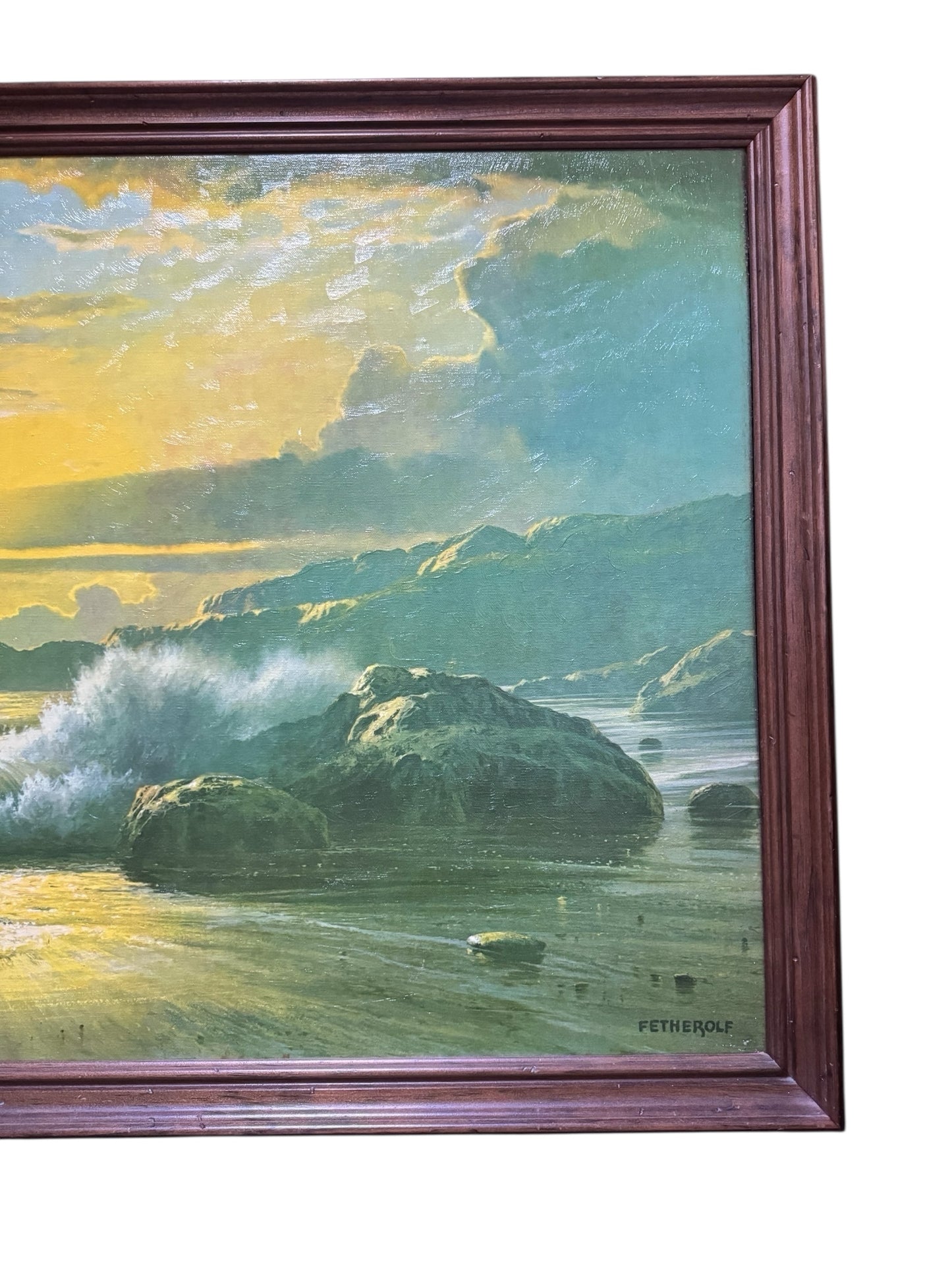 Vintage Sunset Splendor Coastal Seascape Print by Fetherolf in Wood Frame