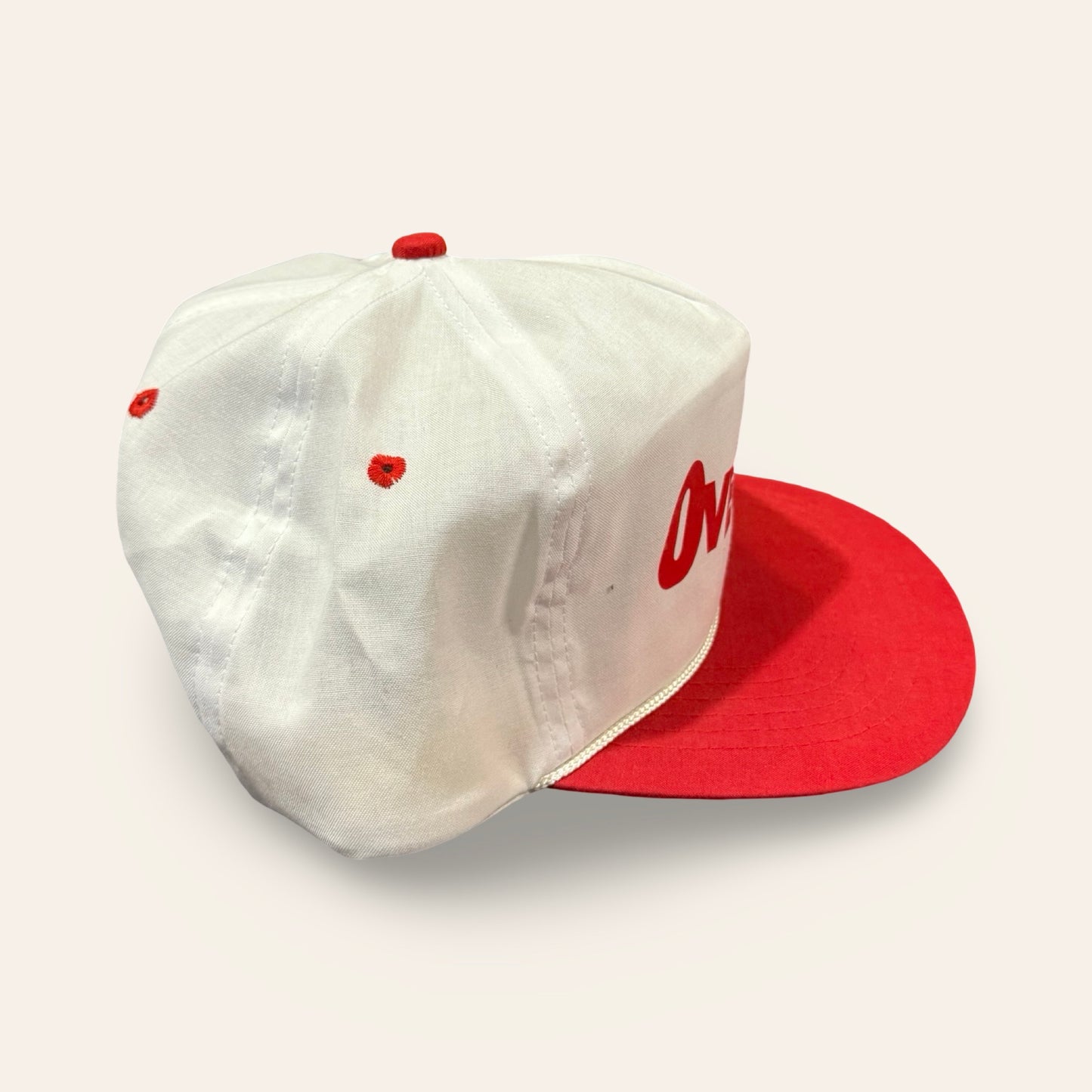 Vintage Rope Snapback Hat — Bold "Overdrive" Graphic, Red & White Trucker Style