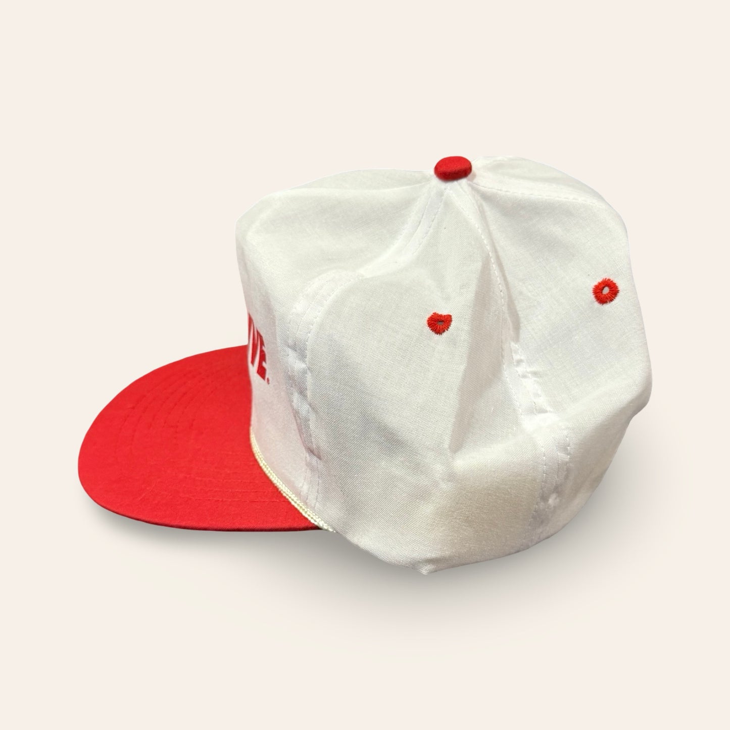 Vintage Rope Snapback Hat — Bold "Overdrive" Graphic, Red & White Trucker Style