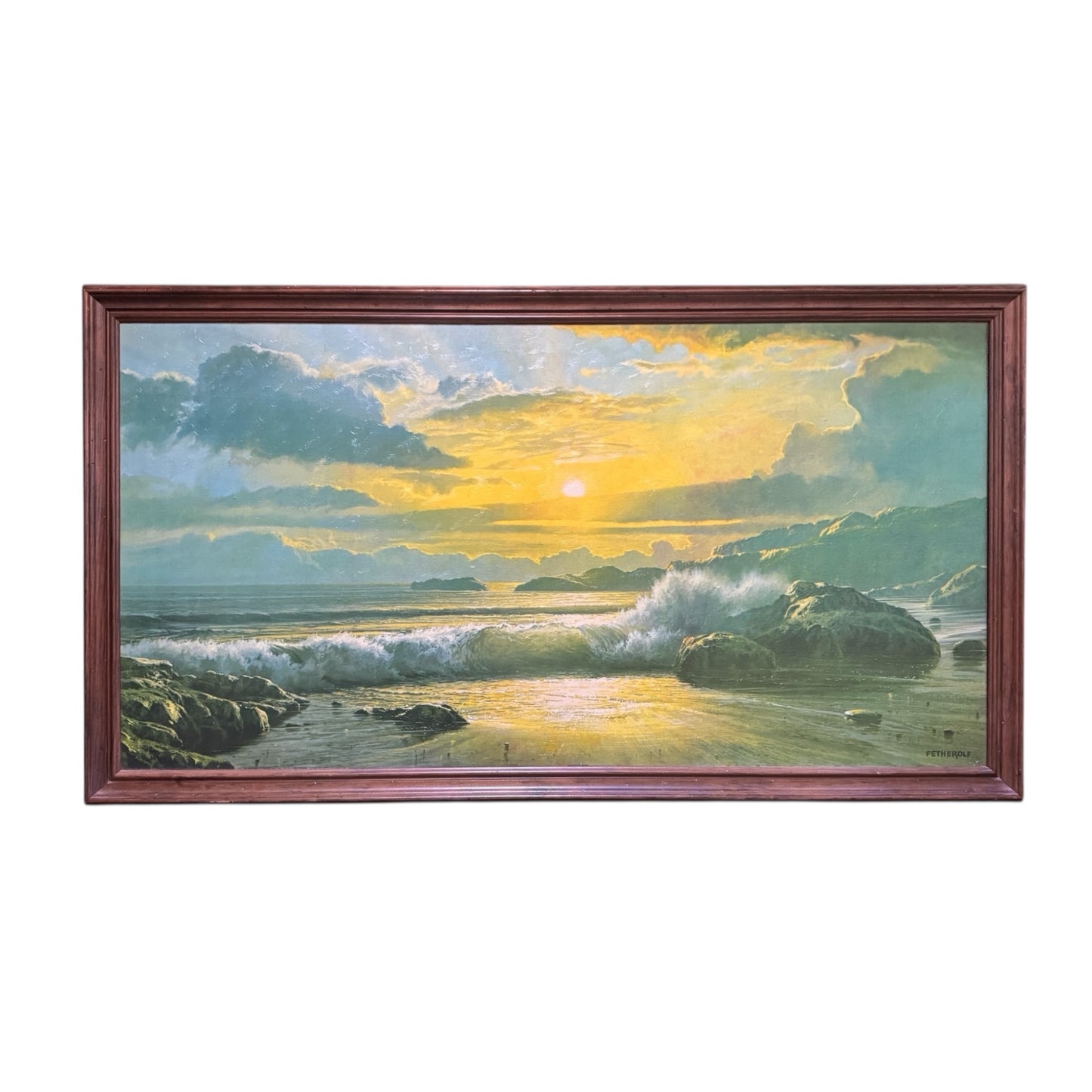 Vintage Sunset Splendor Coastal Seascape Print by Fetherolf in Wood Frame